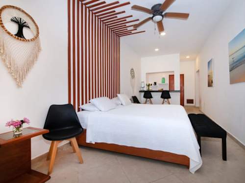 Studio with king bed and ceiling fan