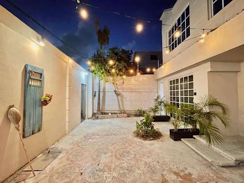 Shared interior courtyard with ambient lighting