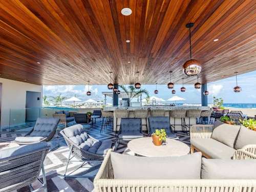 Shared rooftop lounge and pool deck