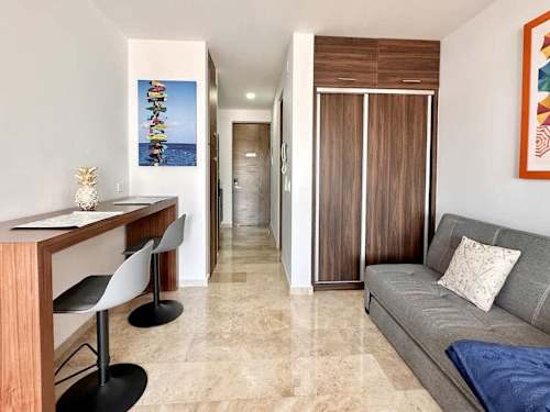 Well-designed studio with a workspace, sofa and ample storage in one bright space