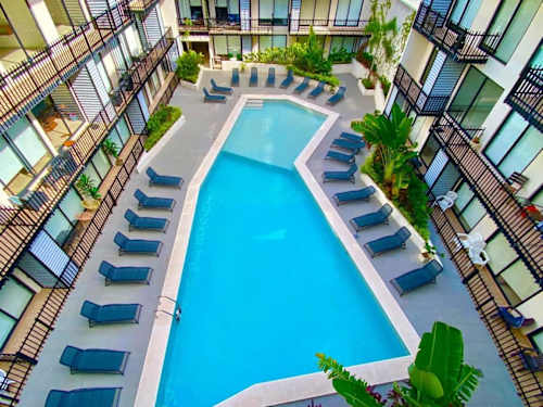 Shared swimming pool with sun loungers