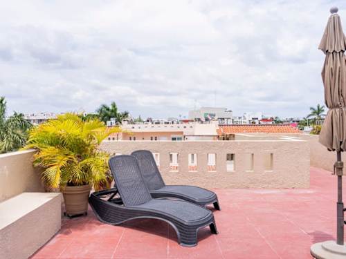 Shared rooftop loungers with sun umbrella