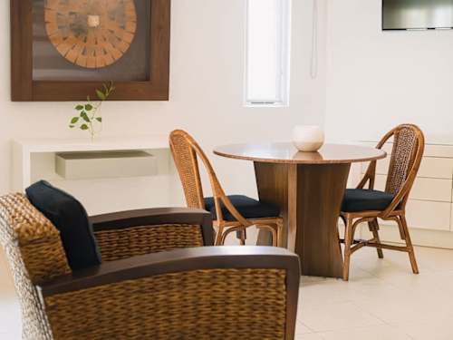 Living and seating area with dining for two
