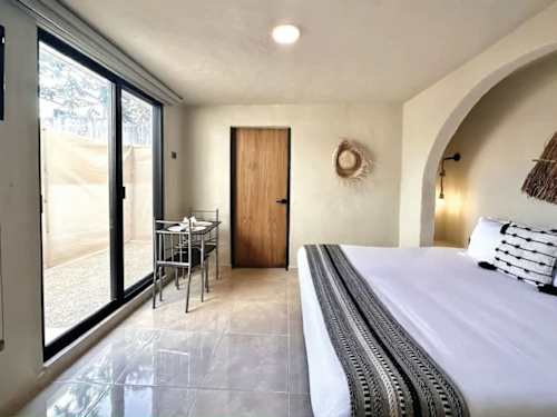 Studio with king bed and glass door to patio area.