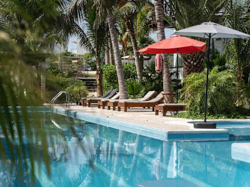 Lush tropical garden pathways throughout the grounds