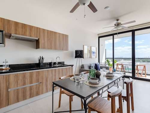 Kitchen, dining and living area