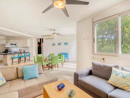 Bright living room with sofa and flat-screen TV