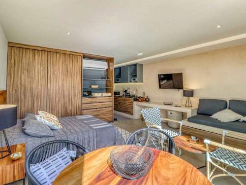 Open-plan studio living and sleeping area