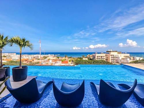 Shared rooftop infinity pool with sun loungers