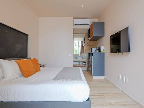 Studio living space with sofa seating