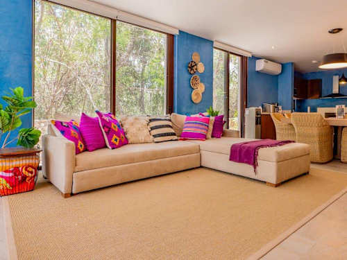 Living room with sofas and accent wall