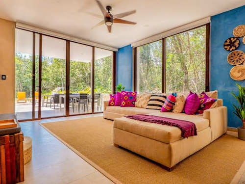 Bright living room with colorful decor
