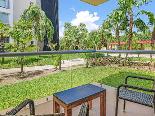 Shared landscaped garden with seating