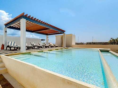 Shared rooftop pool with sun loungers