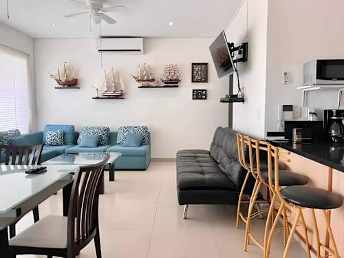 Open kitchen and living with sea views