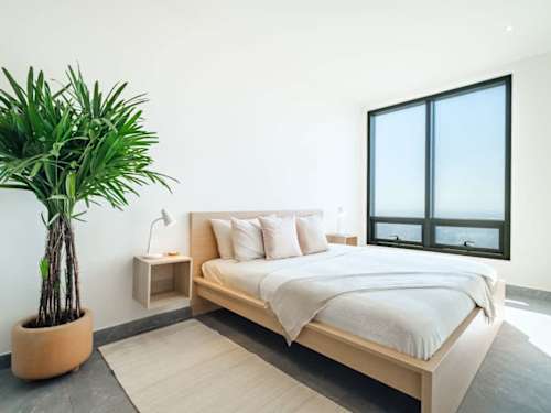 Serene king bedroom with soft linens and a leafy accent, restful nights above the city