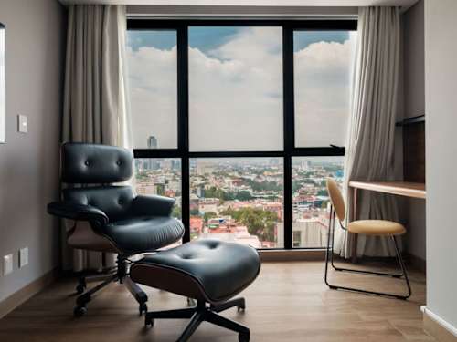 Bright studio corner with a classic lounge chair by floor-to-ceiling windows, soak in the Mexico City view