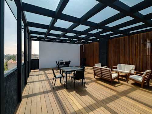 Rooftop terrace under a sleek pergola with lounge seating, your open-air escape above the neighborhood