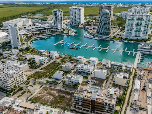 Aerial view of Puerto Cancun canals and marina