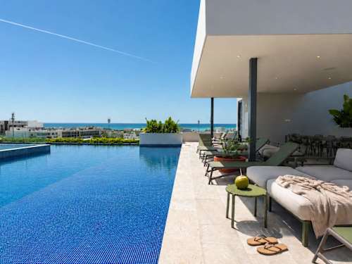 Shared rooftop infinity pool with loungers and ocean views (communal)