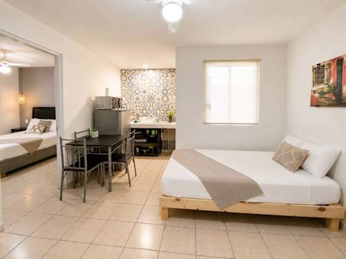 Bright studio with a stylish room divider and natural light, a relaxed base in the heart of Cancun