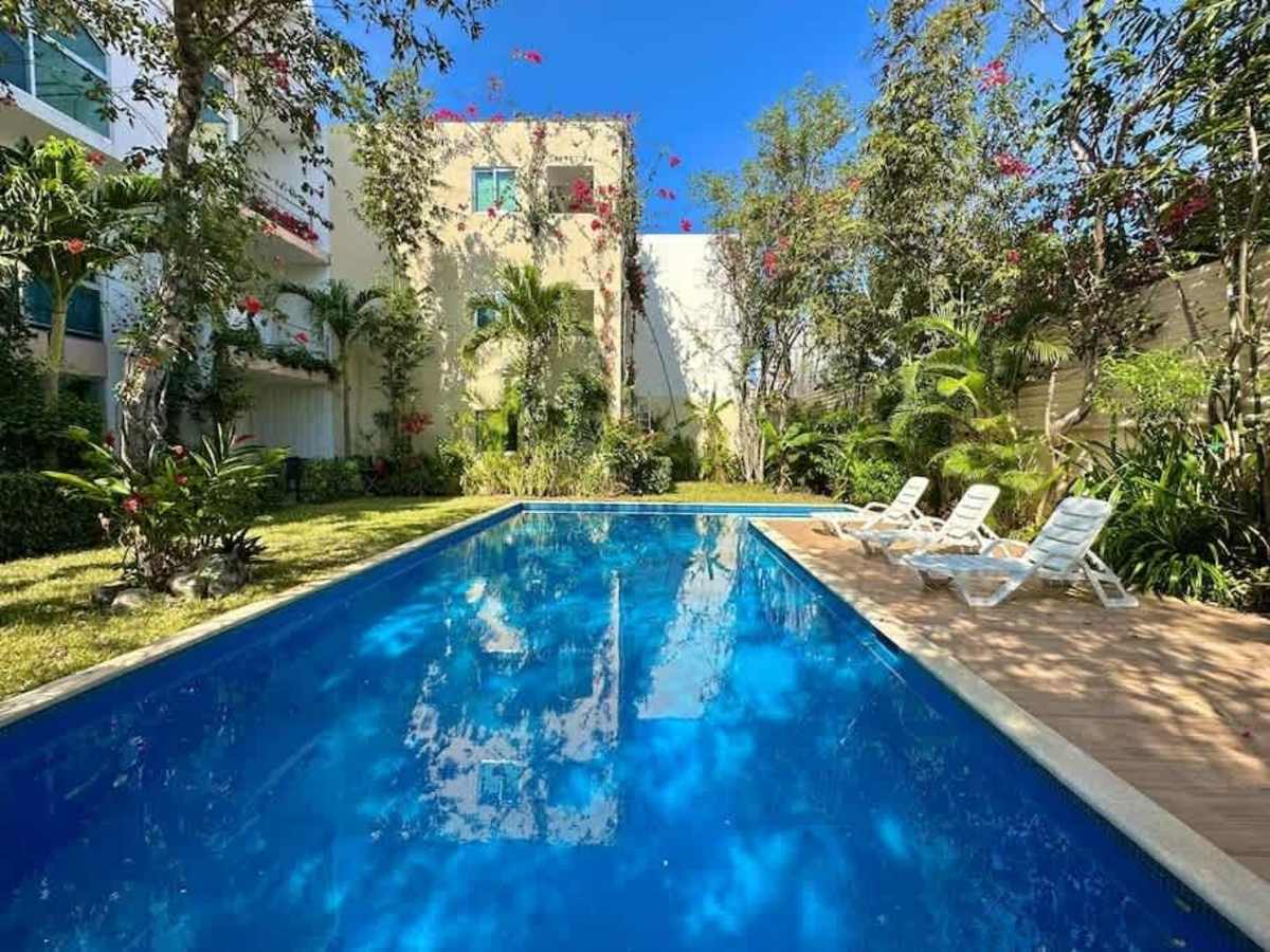 Shared condominium pool with sun loungers