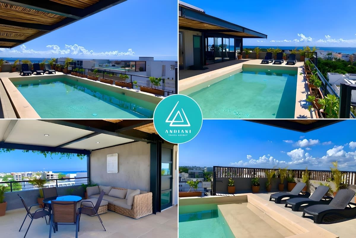 Shared rooftop pool with lounge chairs and sea views