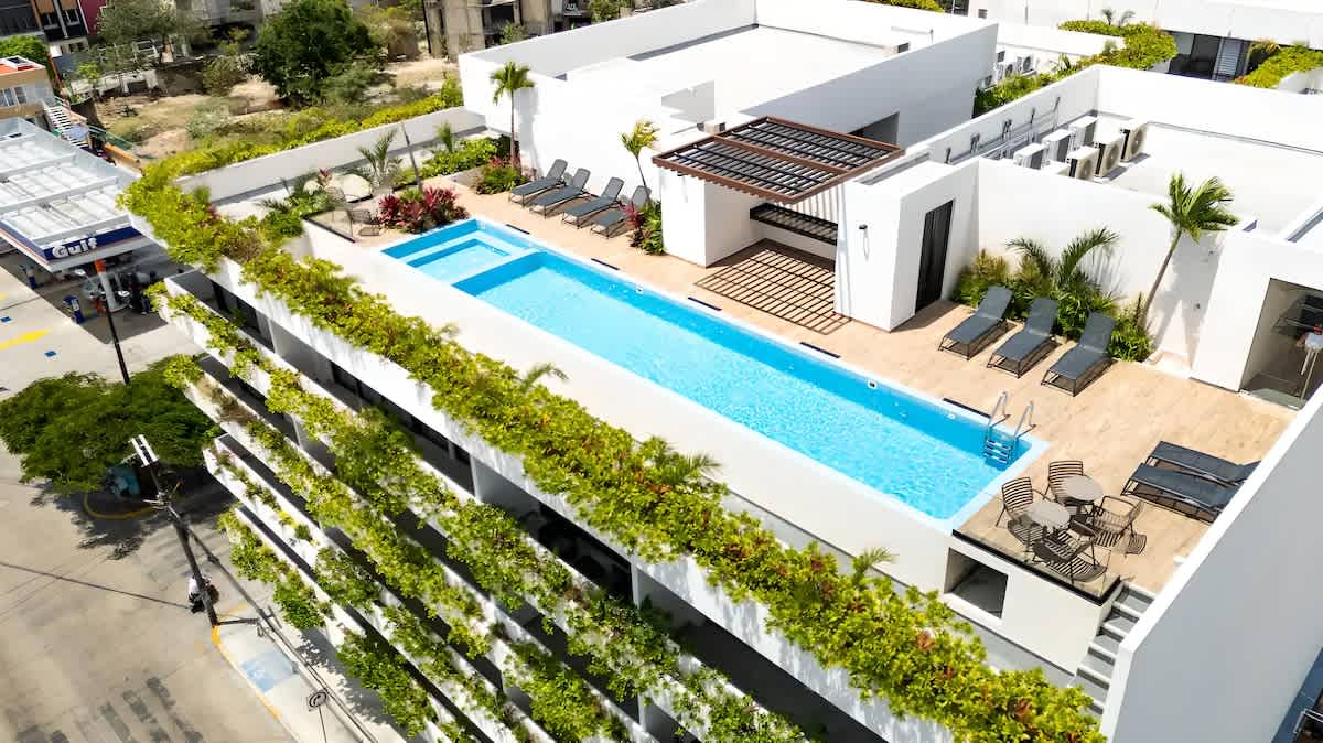 Shared rooftop pool with sun loungers