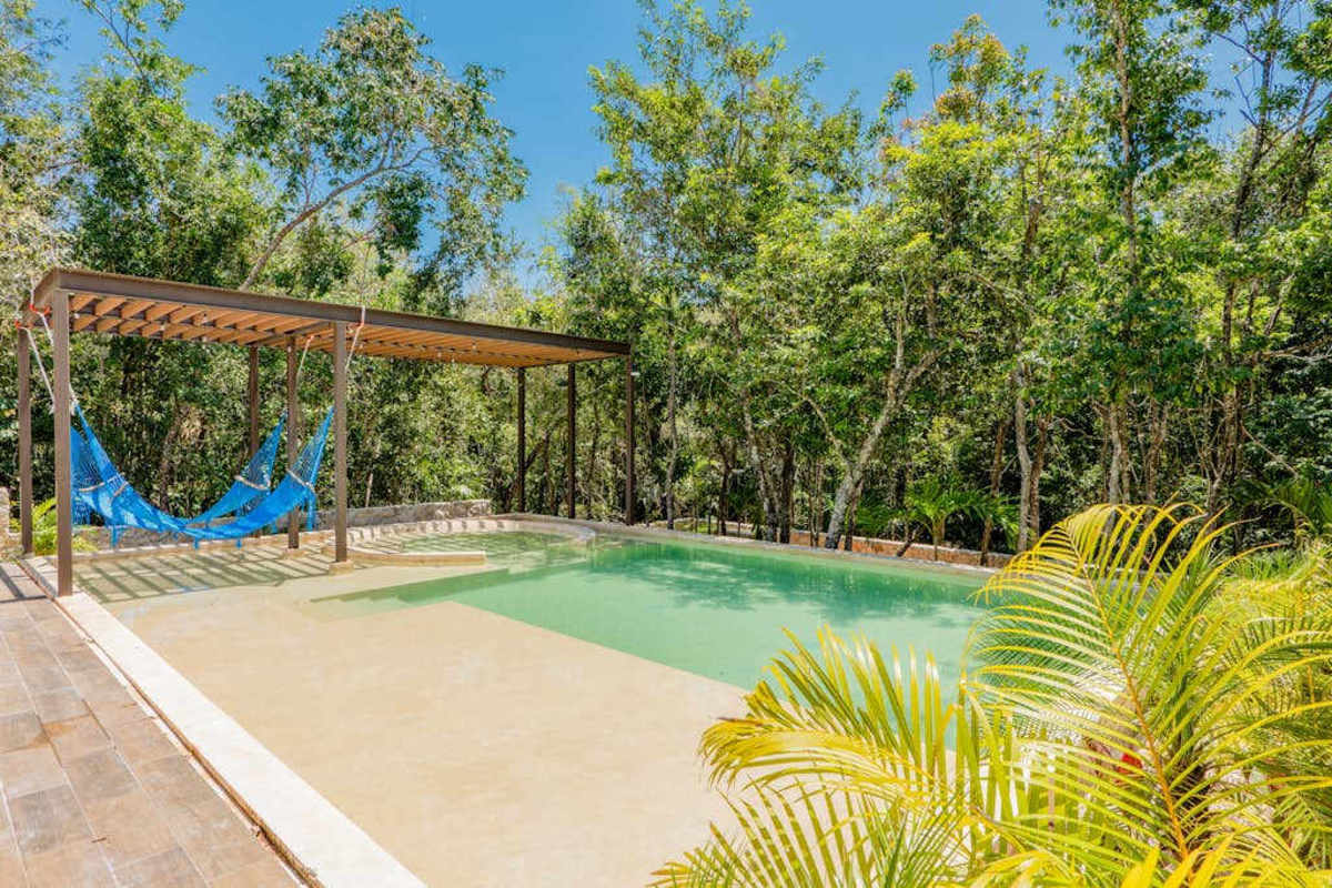 Private villa pool with sun deck and rainforest views