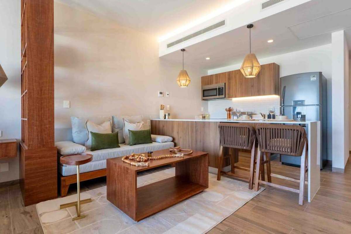 Open-concept living room with smart TV