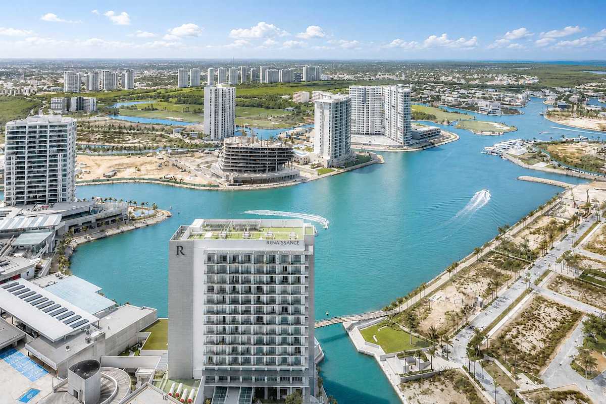 Aerial view of the Puerto Cancun marina and high-rise community