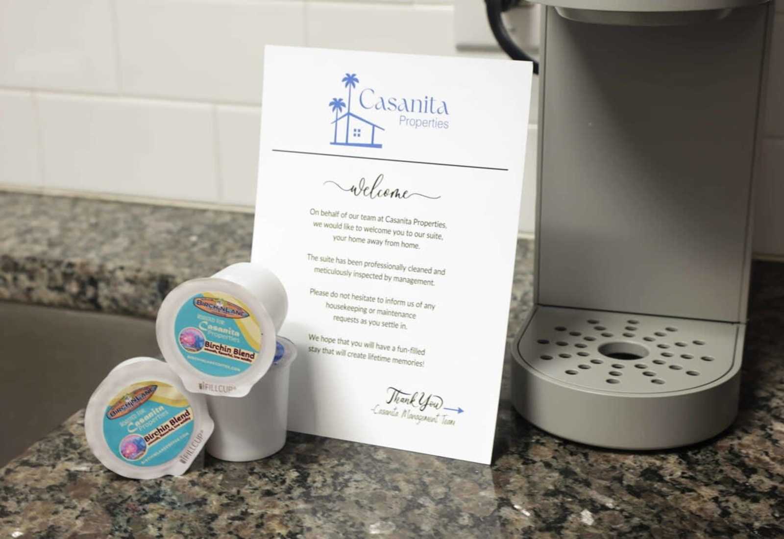 Start your stay with a warm welcome and a fresh cup of coastal roast—because every beach day deserves great coffee and thoughtful touches that feel like home.