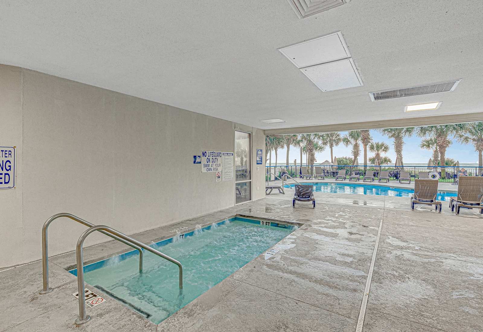 Rain or shine, the fun never stops—dip into the indoor spa, then float your way to the oceanfront pool just steps away. Serenity, palm trees, and poolside bliss await!