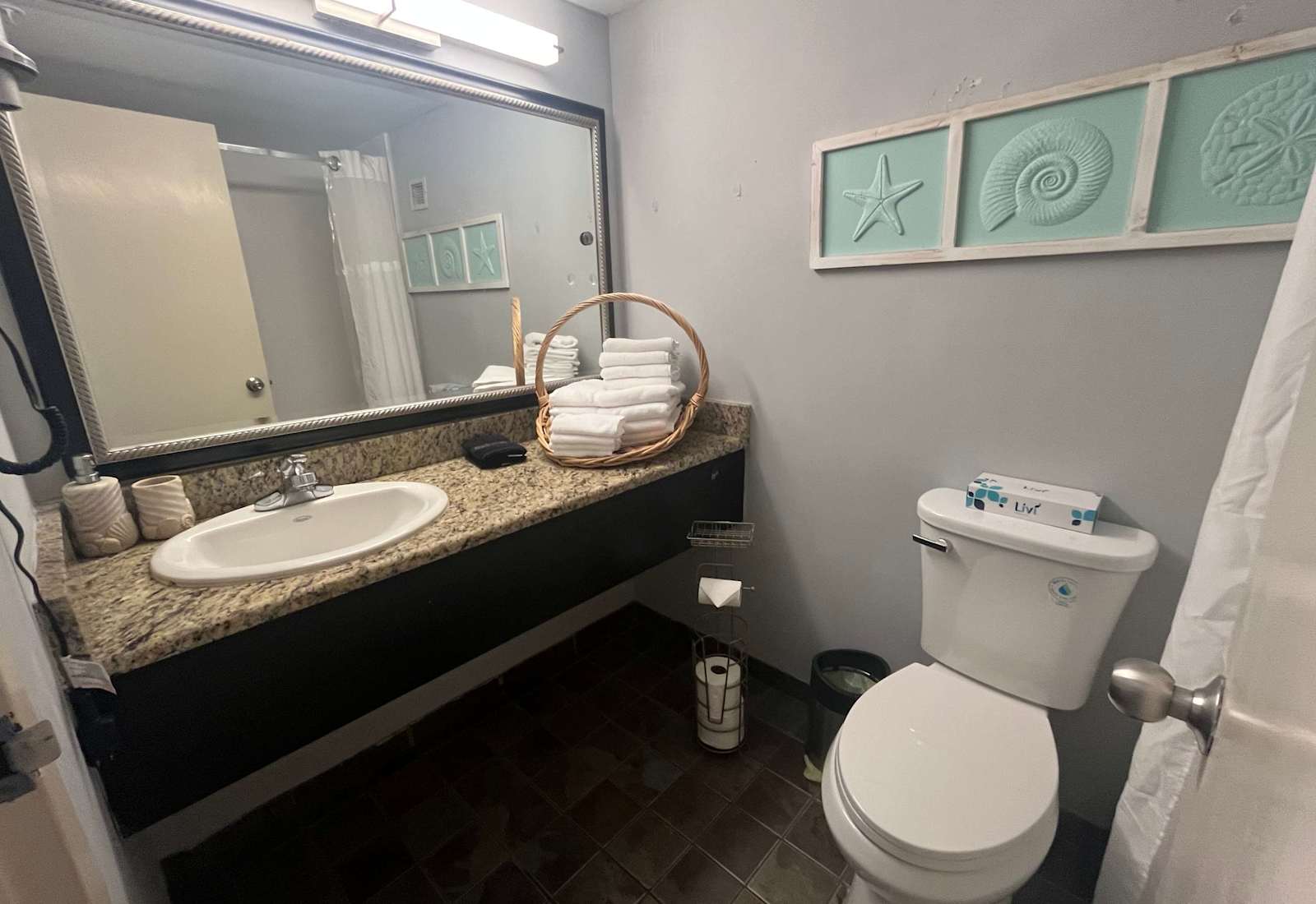 Clean and functional bathroom featuring a granite-top vanity, large mirror, coastal-themed wall decor, and folded towels.