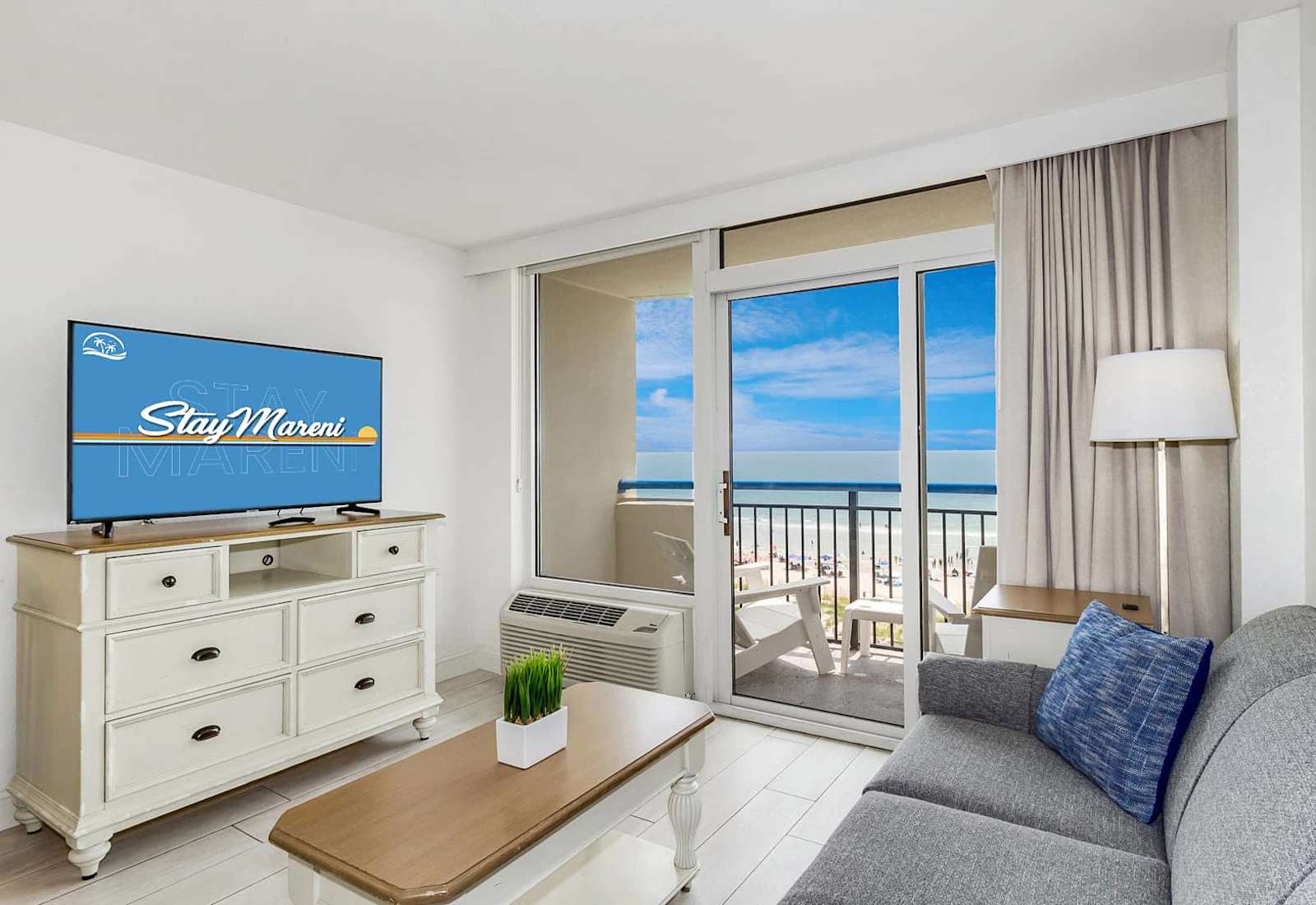 Oceanfront vibes from the comfort of your couch—stream your favorite shows with the waves as your backdrop and step out to a private balcony that feels like front-row seats to paradise.