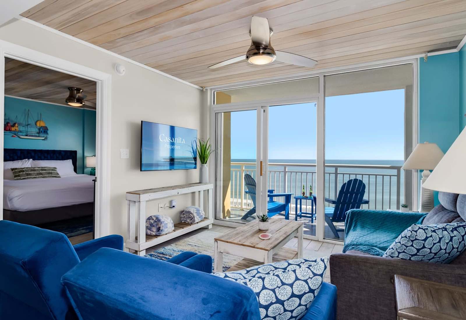 Embrace the ultimate beachside escape in this bright and airy living space featuring modern comforts and breathtaking ocean views from your private balcony. Relax in style with plush seating, a flat-screen TV, and the soothing sound of waves.