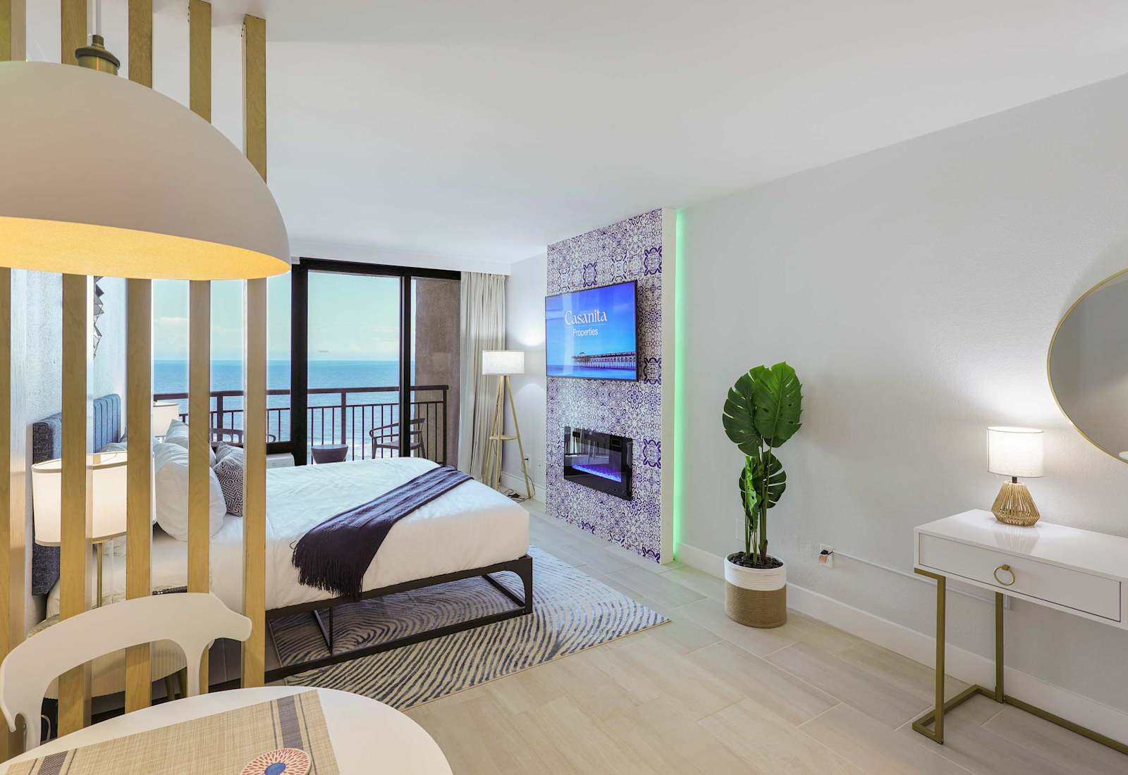 This spacious oceanfront studio with a king bed, private balcony, and modern open layout is extremely upscale. Features include a electric fireplace wall, dining nook, and plenty of room to relax and unwind with stunning coastal views.