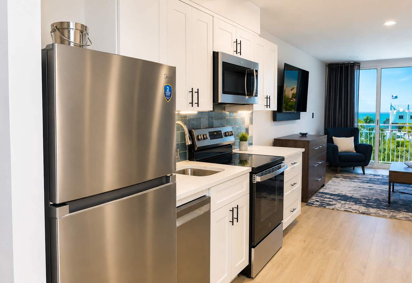 Prepare your favorite meals in this modern, fully equipped kitchen, including stainless steel appliances and even a dishwasher. Because who wants to do dishes on vacation?!
