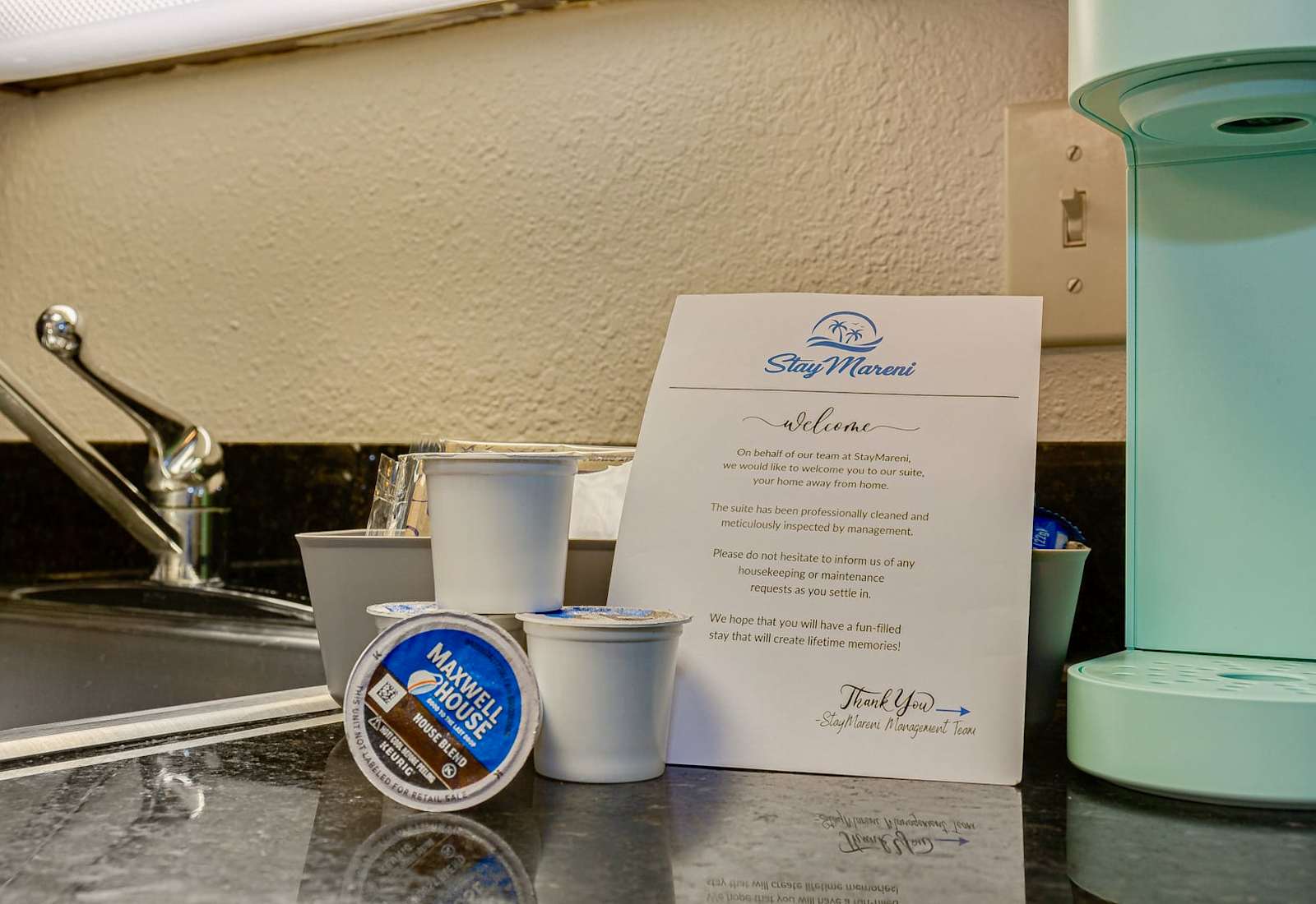 Start your day right with a complimentary coffee and tea station in your room. 
