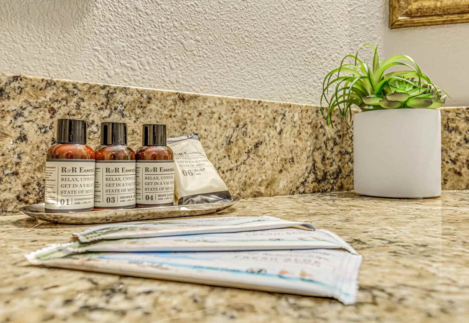 Convenient starter toiletries and bath essentials provided for your arrival, adding an easy, hotel-style touch to your beach getaway.