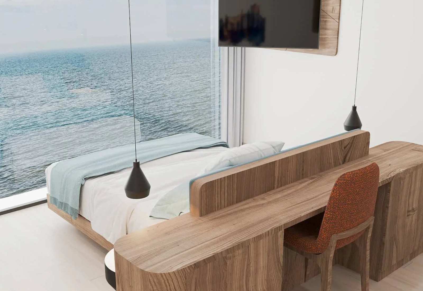 Oceanfront bedroom with breathtaking views, Smart TV, dedicated workspace, and the perfect spot to wake up to the sunrise over the Atlantic. (This is a rendering, not an actual photograph)