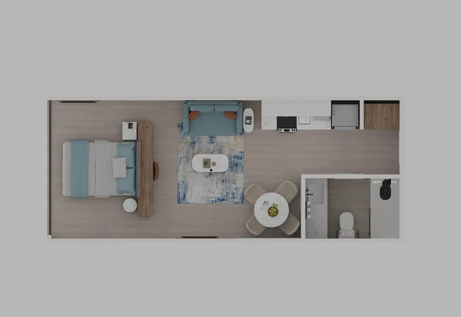 Efficiently designed oceanfront studio featuring a full kitchen, dining area, living space, private bathroom, and comfortable sleeping area—all thoughtfully arranged for maximum comfort. (This is a rendering, not an actual photograph)