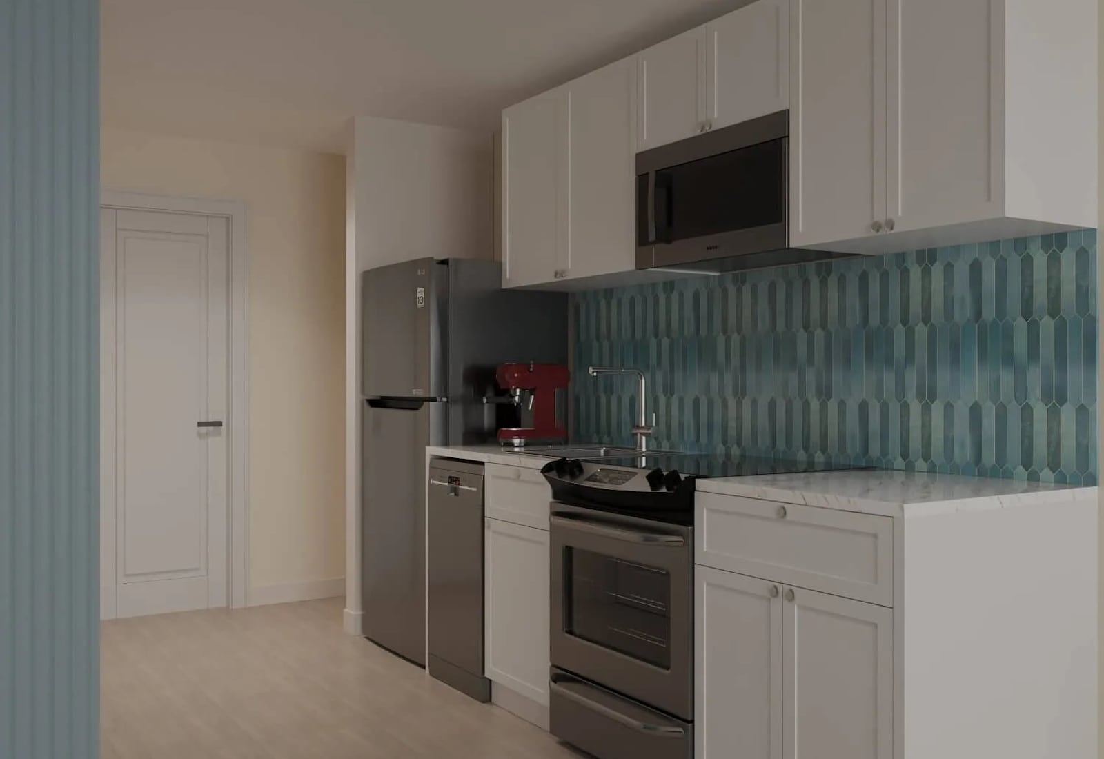 Fully equipped modern kitchen with stainless steel appliances, quartz countertops, and everything you need to prepare meals during your beach getaway. (This is a rendering, not an actual photograph)