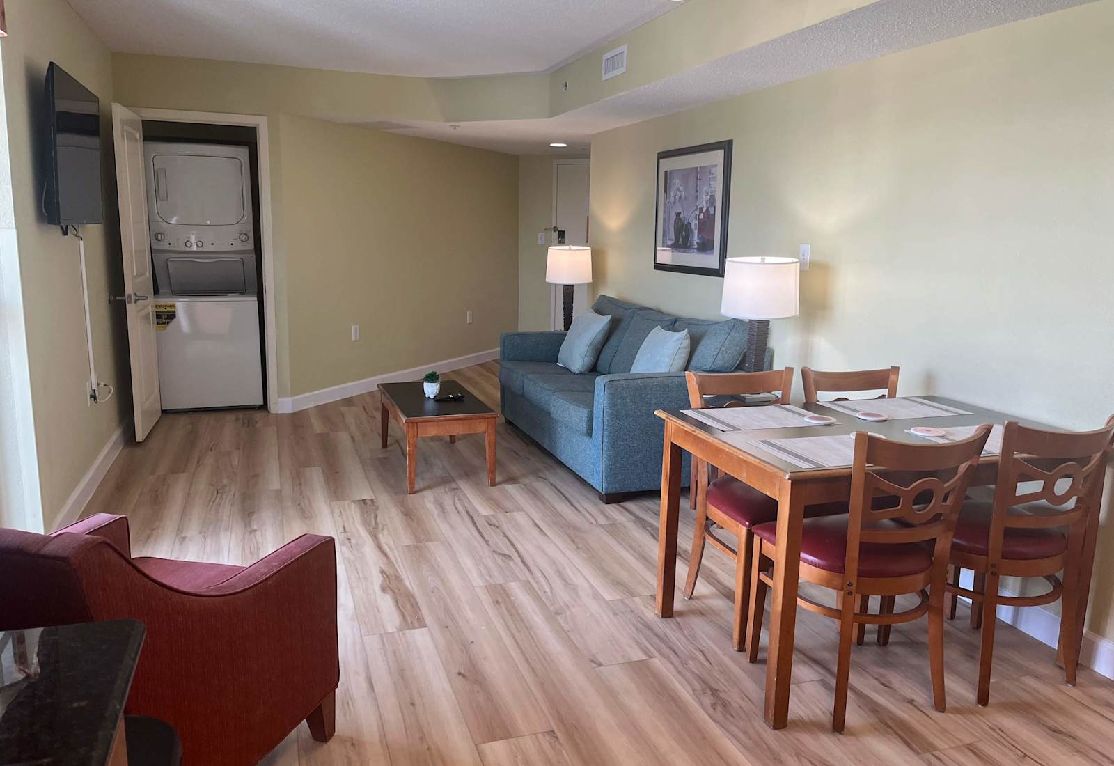 Spacious living area includes stackable en-suite washer/dryer!