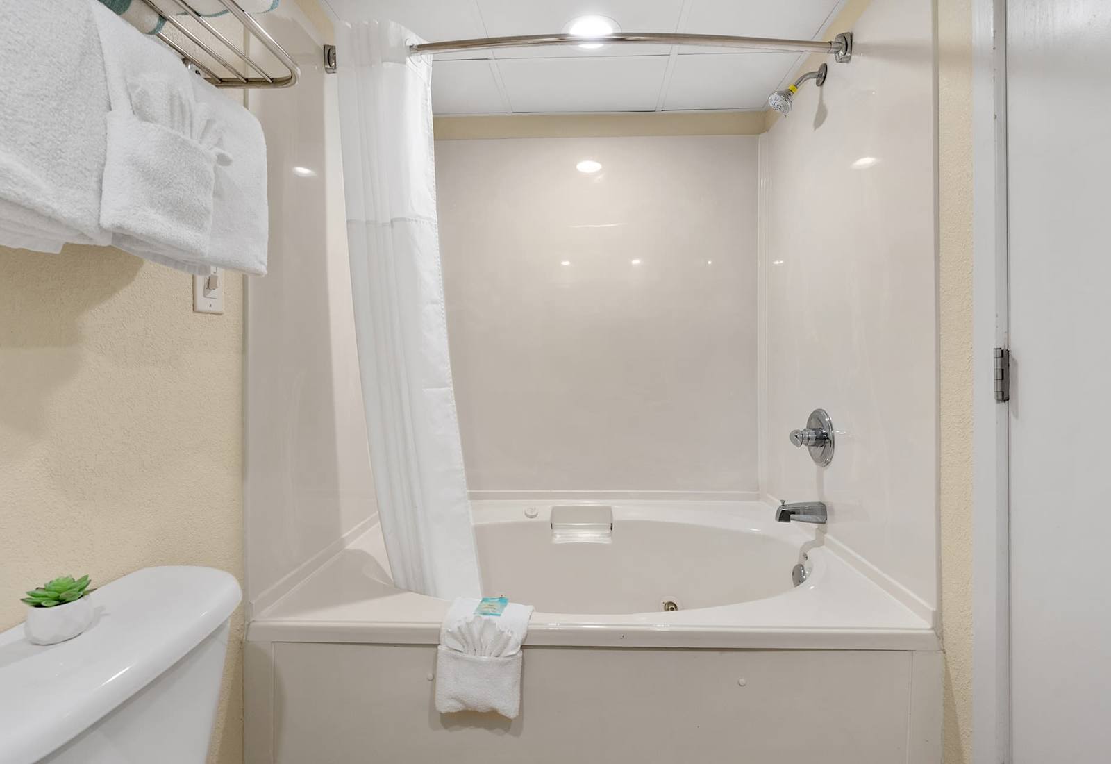 Unwind in our luxurious bathroom featuring a spacious jetted garden tub and a separate shower, perfect for relaxation after a long day. 