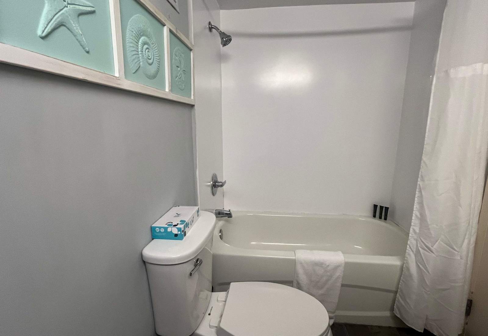 Functional bathroom setup highlighting a white toilet and a combination shower and bathtub.