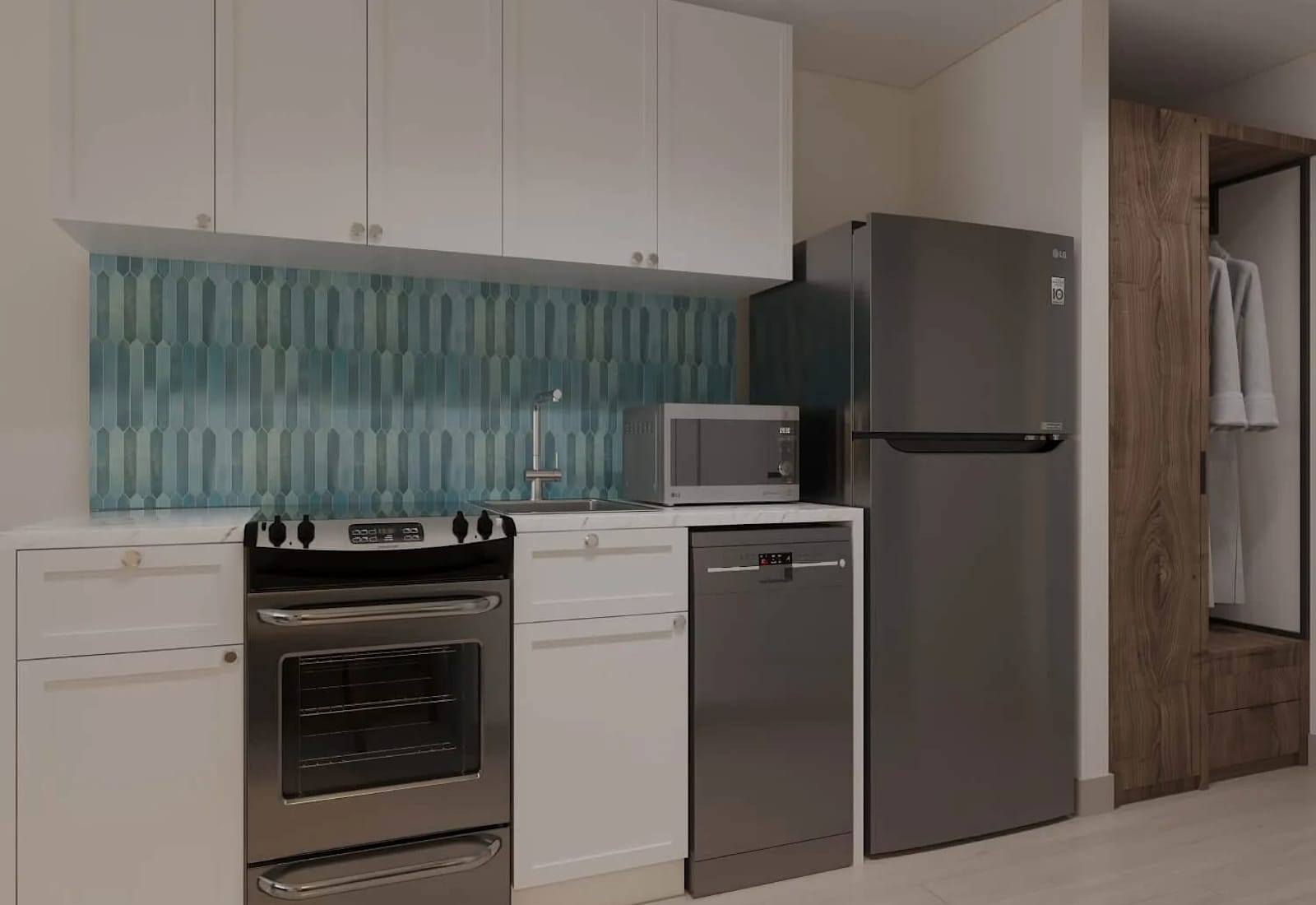 Designed for gathering and entertaining, this beautifully renovated kitchen features quartz countertops, custom tilework, stainless steel appliances, and a bright coastal-inspired design. (This is a rendering, not an actual photograph)