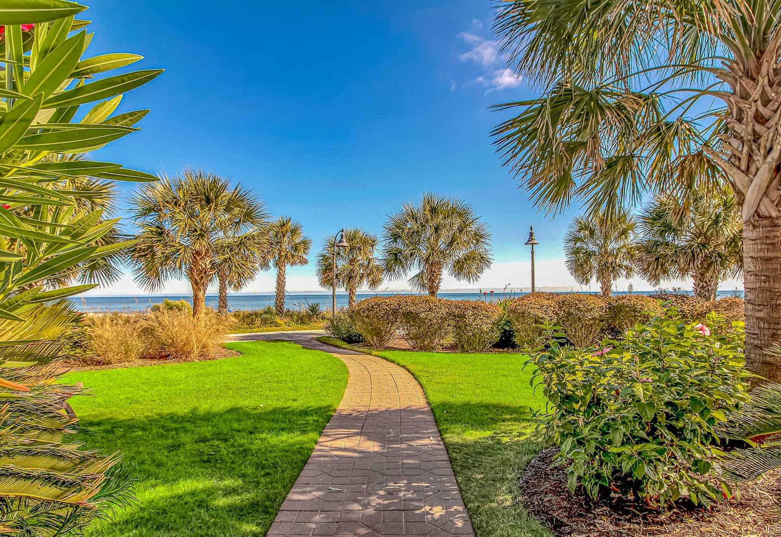 Step into paradise! This private beachfront path lined with palm trees leads you straight to the sand and surf. Your peaceful Myrtle Beach escape starts just outside your door.