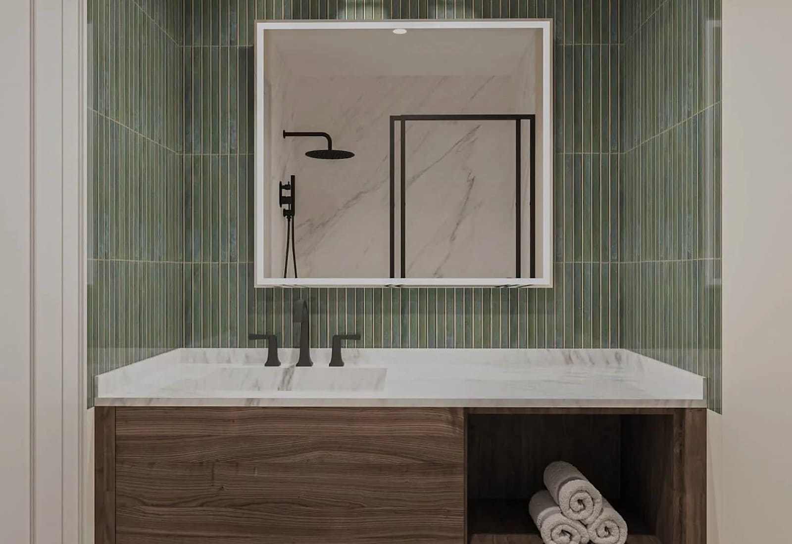 Indulge in a spa-like experience with this beautifully renovated walk-in shower, featuring elegant marble-look tile, matte black fixtures, and modern coastal design. (This is a rendering, not an actual photograph)