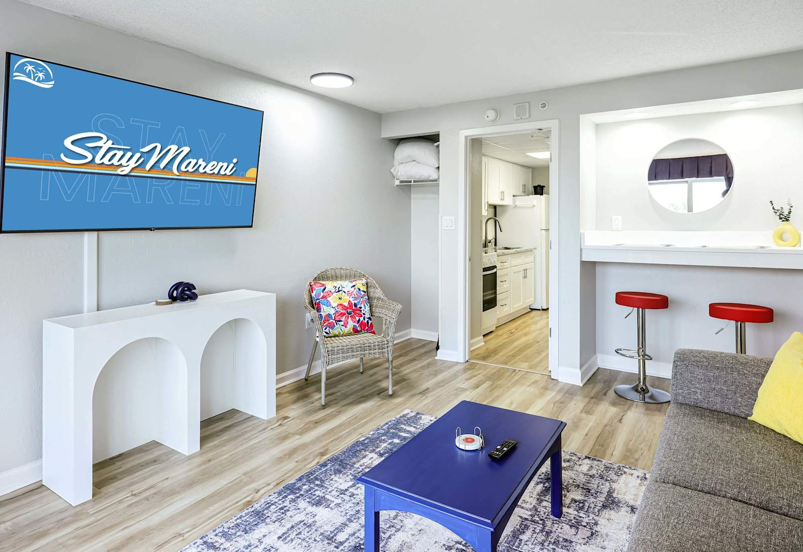 Bright, breezy, and full of charm—this stylish space features a cozy lounge area, breakfast bar, and fully equipped kitchen just steps away. Perfect for beach days and laid-back nights in. 